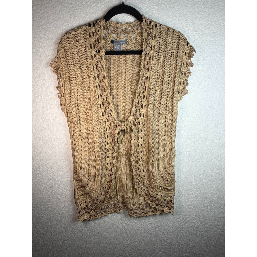 vintage y2k Silk Crochet Boho Vest Tie Front Cardigan Fairy-core CUPIO Womens M